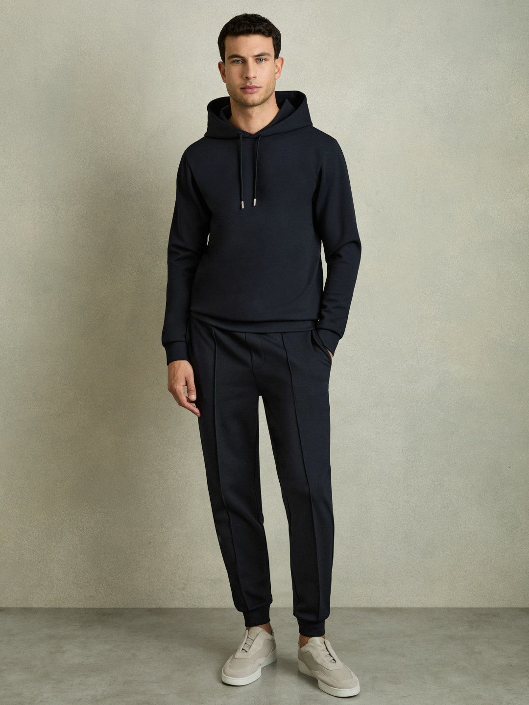 Interlock Jersey Drawstring Hoodie in Navy Blue | Reiss Men New