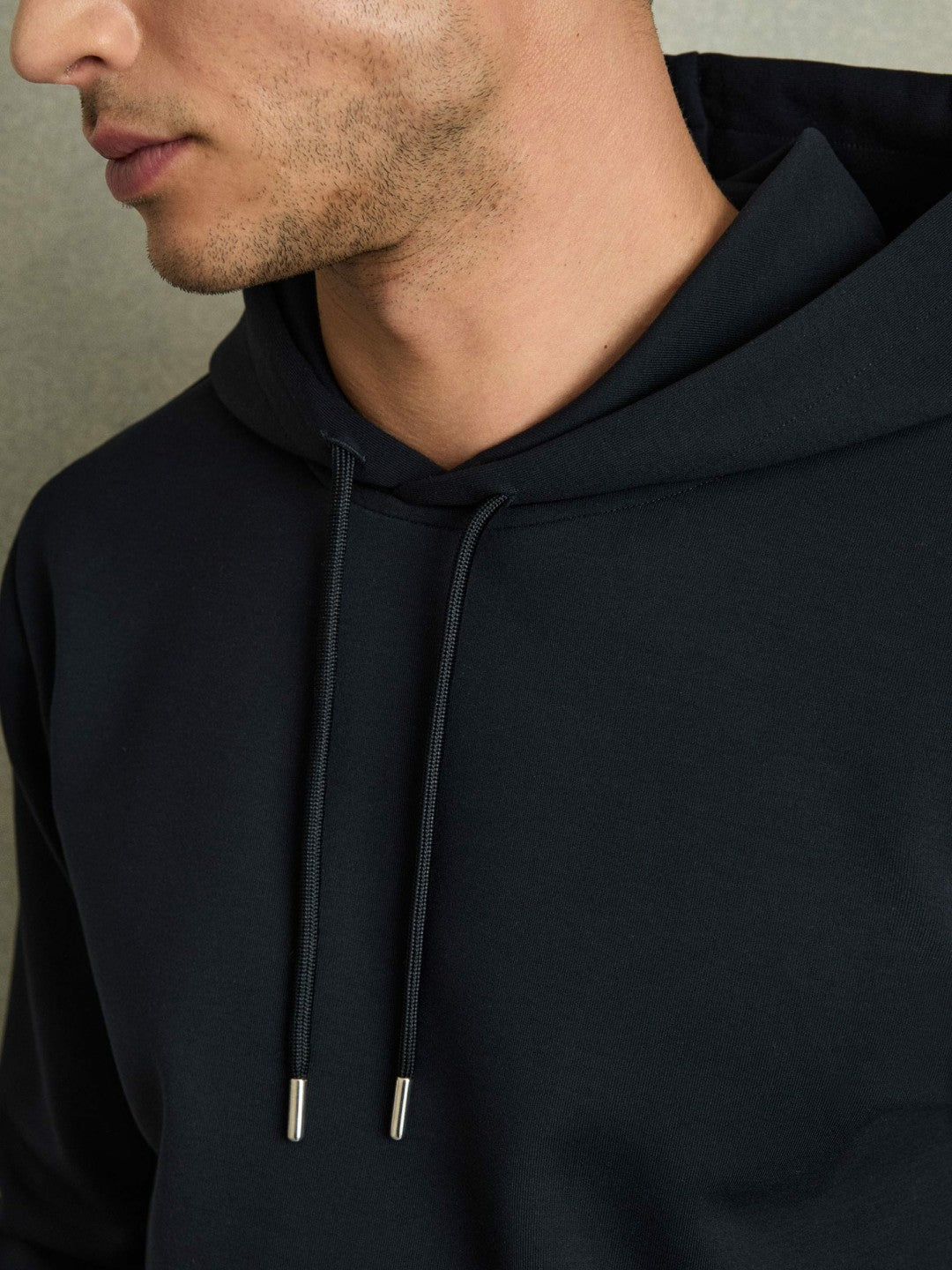 Interlock Jersey Drawstring Hoodie in Navy Blue | Reiss Men New