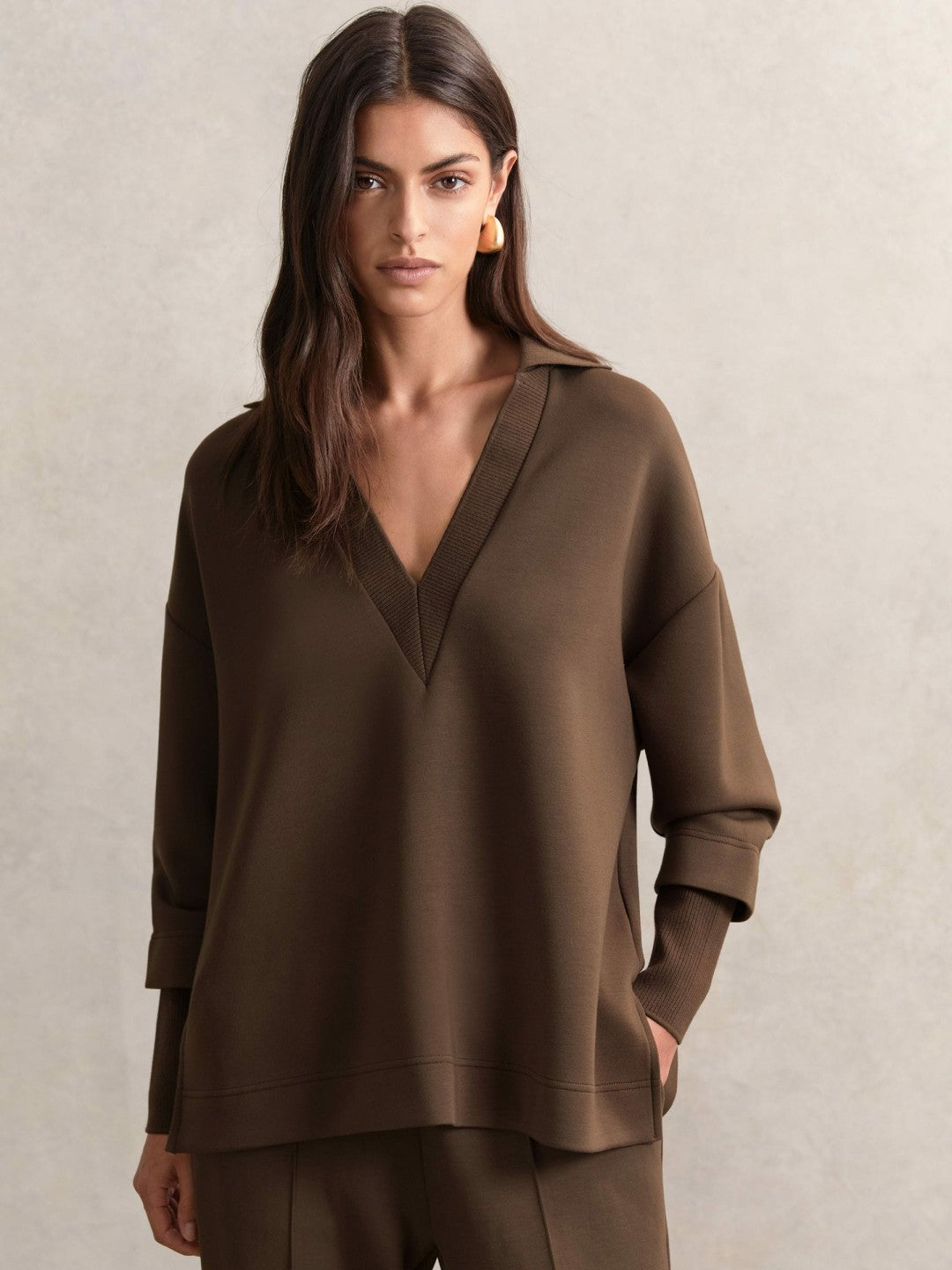 Interlock Open-Collar Sweatshirt in Chocolate | Reiss Women Featured