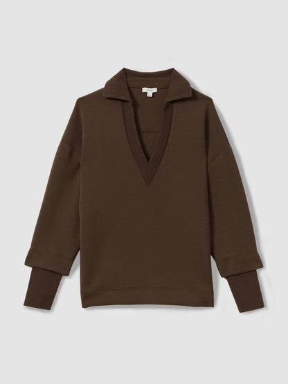 Interlock Open-Collar Sweatshirt in Chocolate | Reiss Women Featured