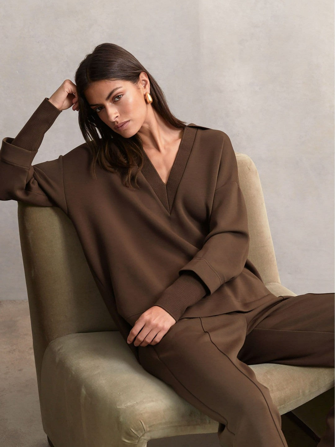 Interlock Open-Collar Sweatshirt in Chocolate | Reiss Women Featured