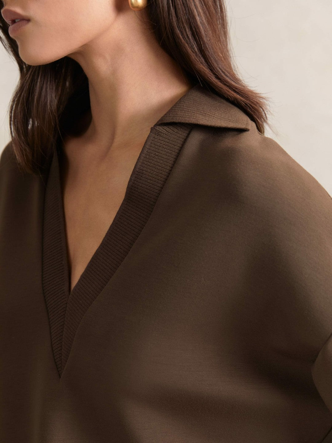 Interlock Open-Collar Sweatshirt in Chocolate | Reiss Women Featured