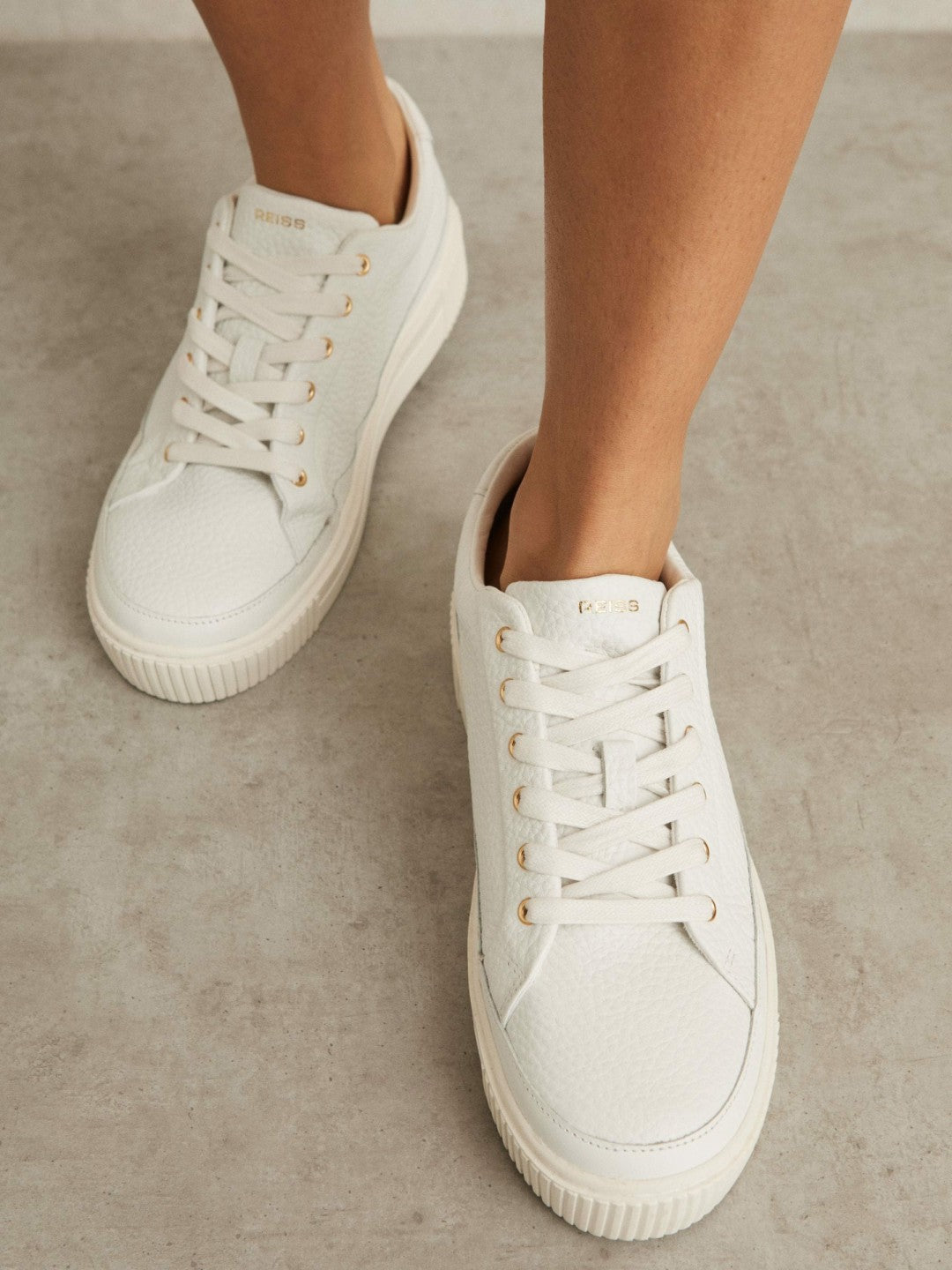 Grained Leather Platform Trainers in White | Reiss Women Exclusive