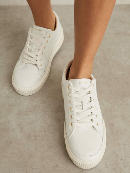 Grained Leather Platform Trainers in White | Reiss Women Exclusive