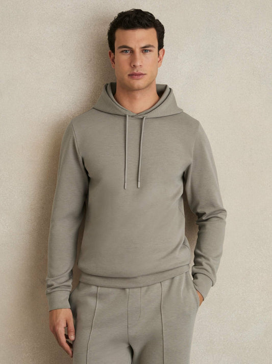 Interlock Jersey Drawstring Hoodie in Taupe | Reiss Men Premium