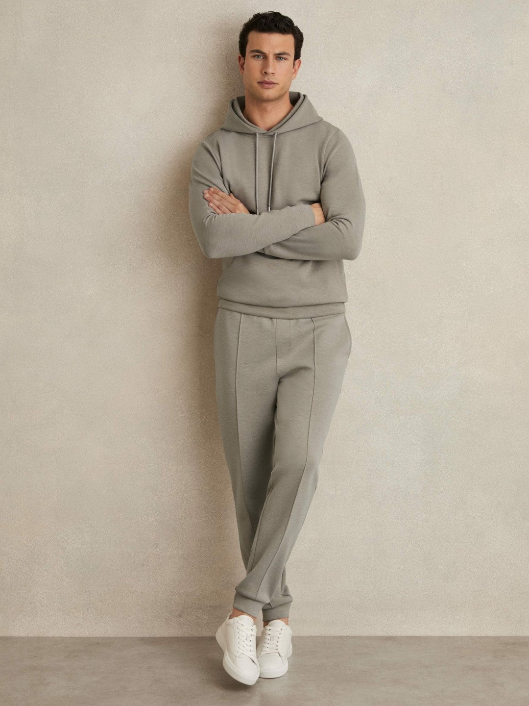 Interlock Jersey Drawstring Hoodie in Taupe | Reiss Men Premium
