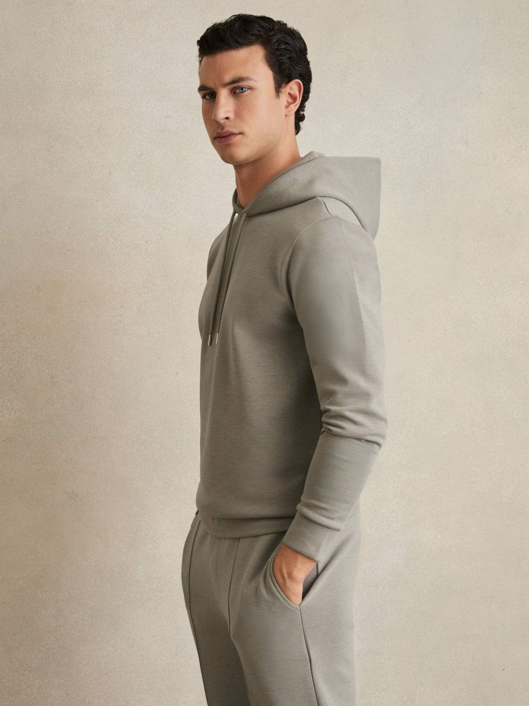 Interlock Jersey Drawstring Hoodie in Taupe | Reiss Men Premium