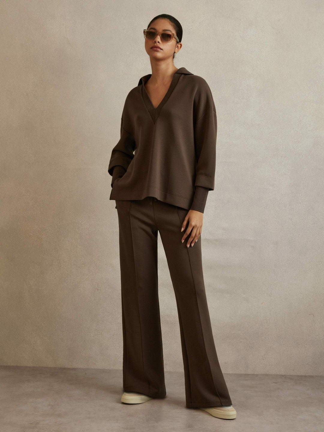 Interlock Wide-Leg Joggers in Chocolate | Reiss Women Trending