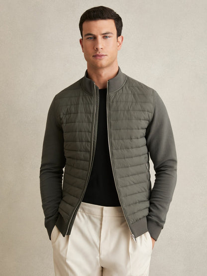 Hybrid Quilt and Knit Zip-Through Jacket in Sage | Reiss Men New