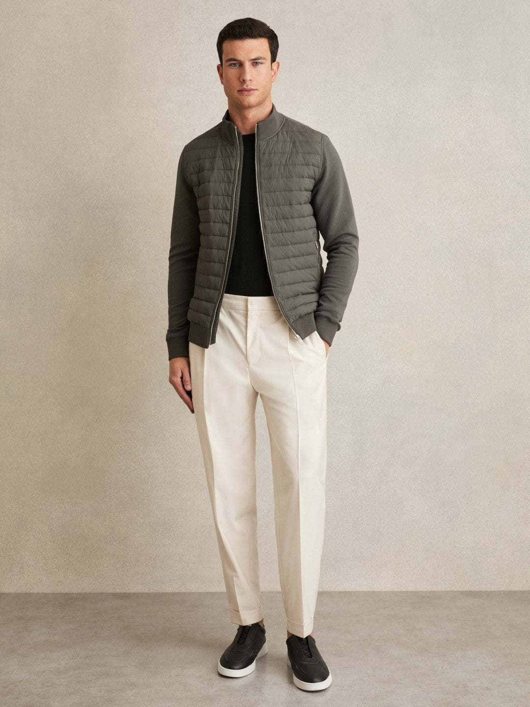 Hybrid Quilt and Knit Zip-Through Jacket in Sage | Reiss Men New