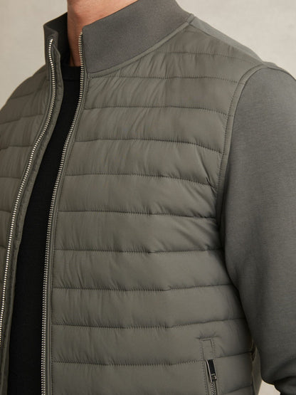 Hybrid Quilt and Knit Zip-Through Jacket in Sage | Reiss Men New