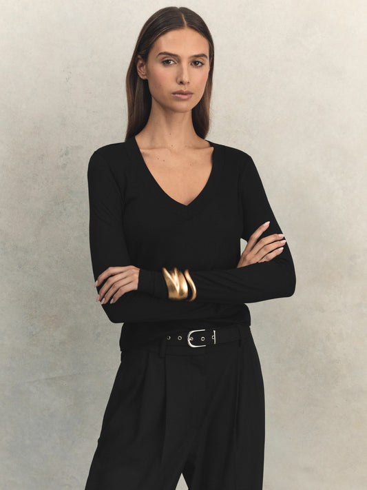 Jersey V-Neck Top in Black | Reiss Women Exclusive