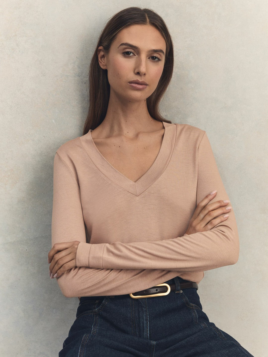 Jersey V-Neck Top in Camel | Reiss Women New