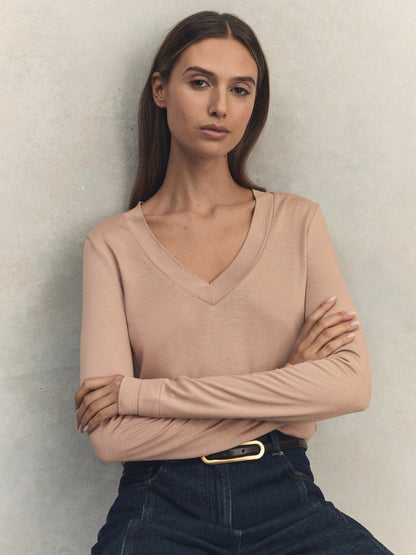 Jersey V-Neck Top in Camel | Reiss Women New