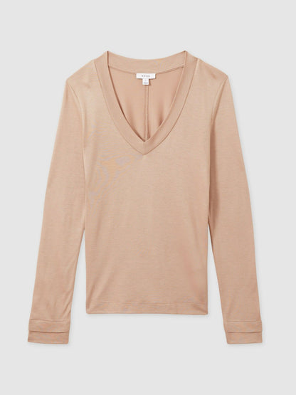 Jersey V-Neck Top in Camel | Reiss Women New