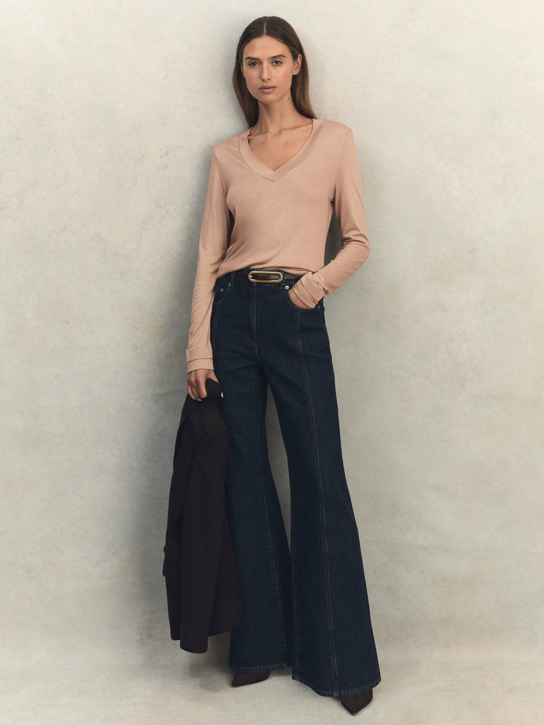 Jersey V-Neck Top in Camel | Reiss Women New