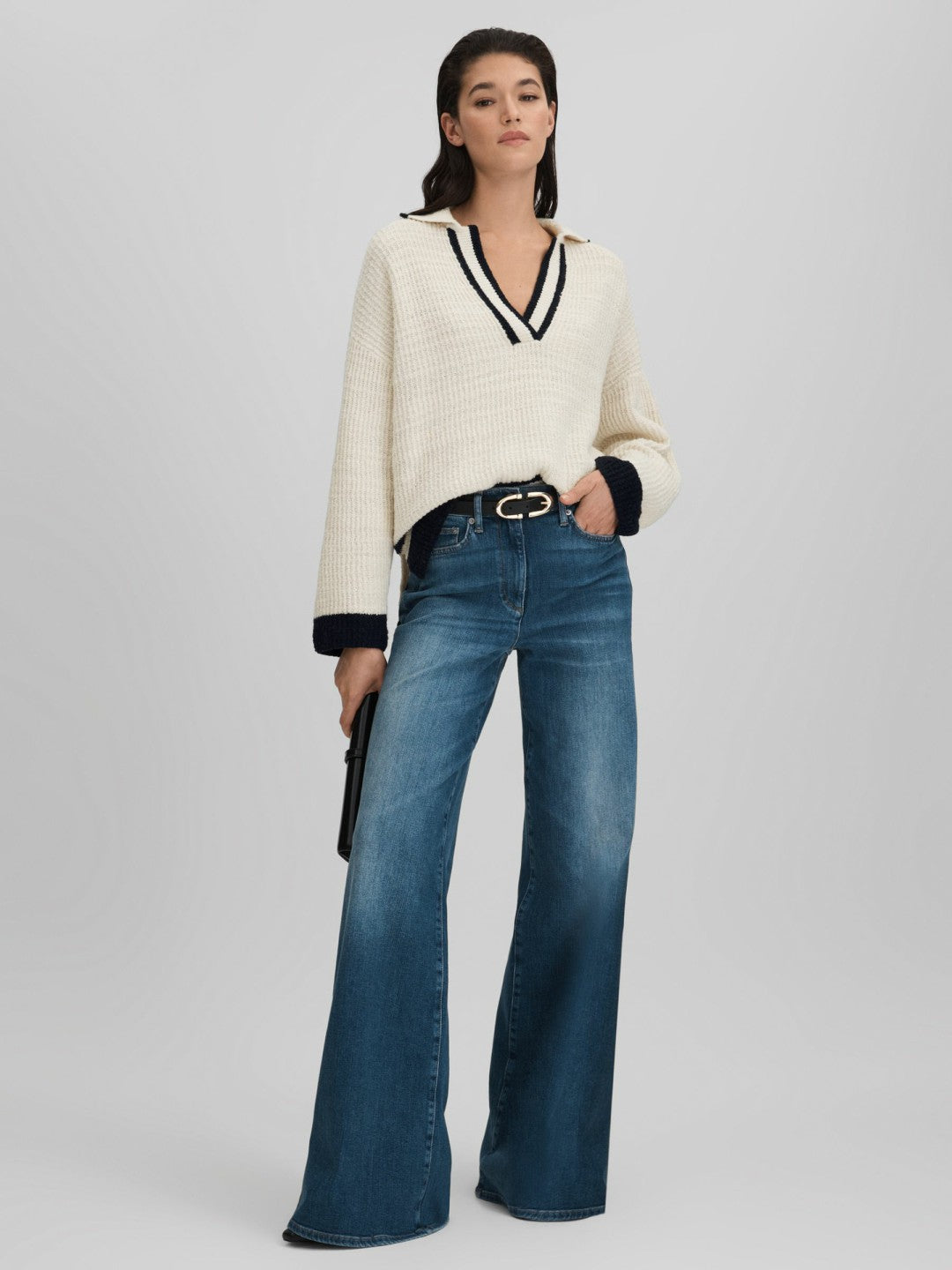 Wool Blend Open Collar Jumper in Cream/Navy | Reiss Women Best Seller