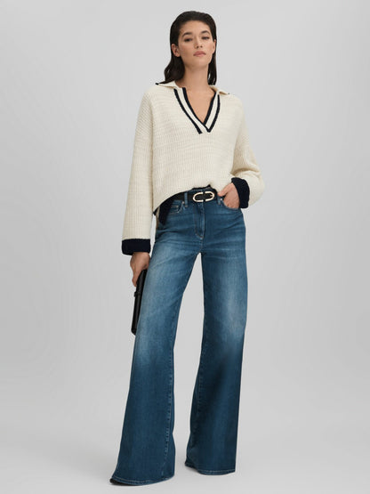 Wool Blend Open Collar Jumper in Cream/Navy | Reiss Women Best Seller