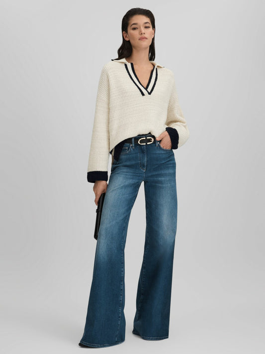 Wool Blend Open Collar Jumper in Cream/Navy | Reiss Women Best Seller