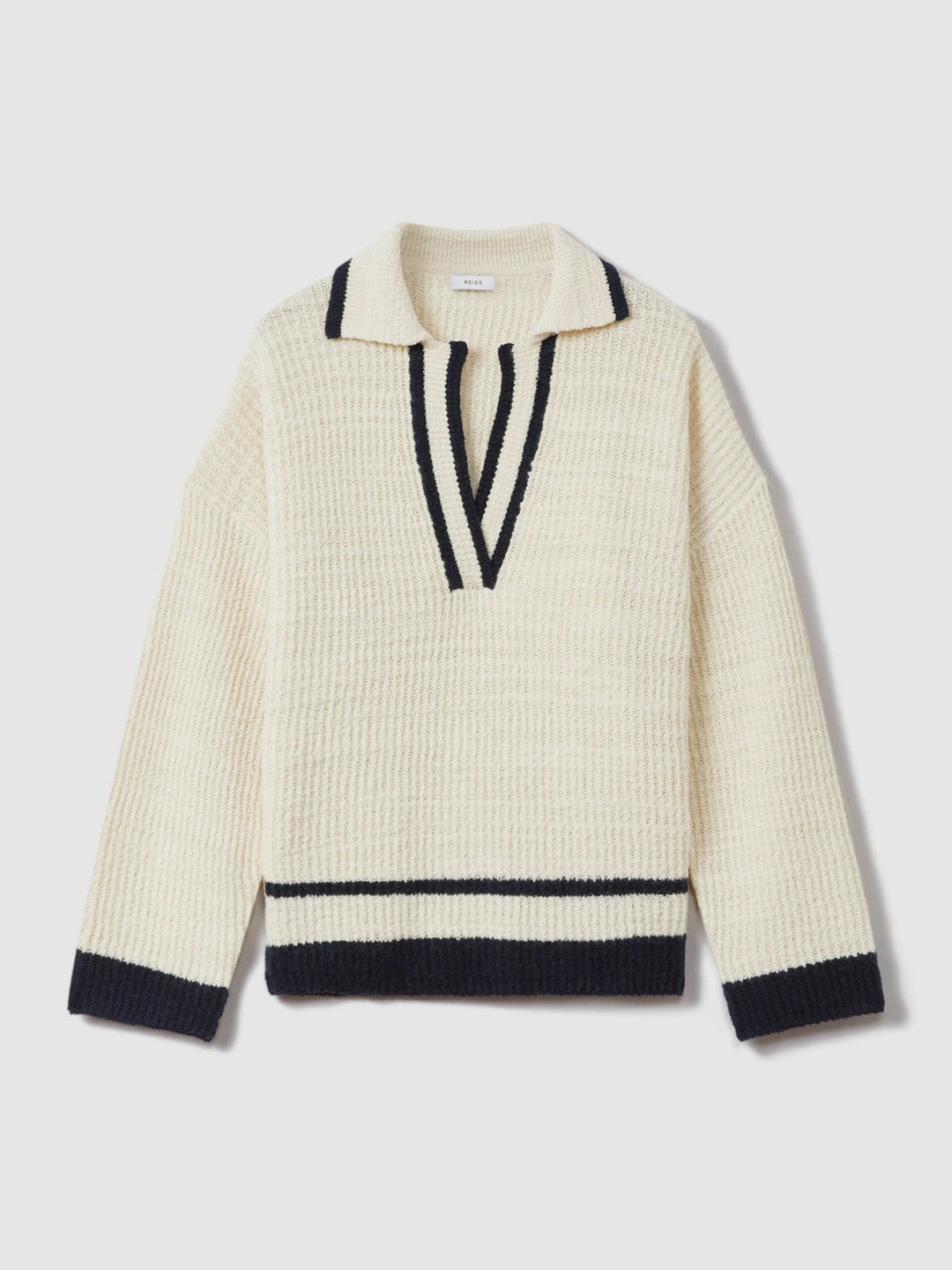 Wool Blend Open Collar Jumper in Cream/Navy | Reiss Women Best Seller