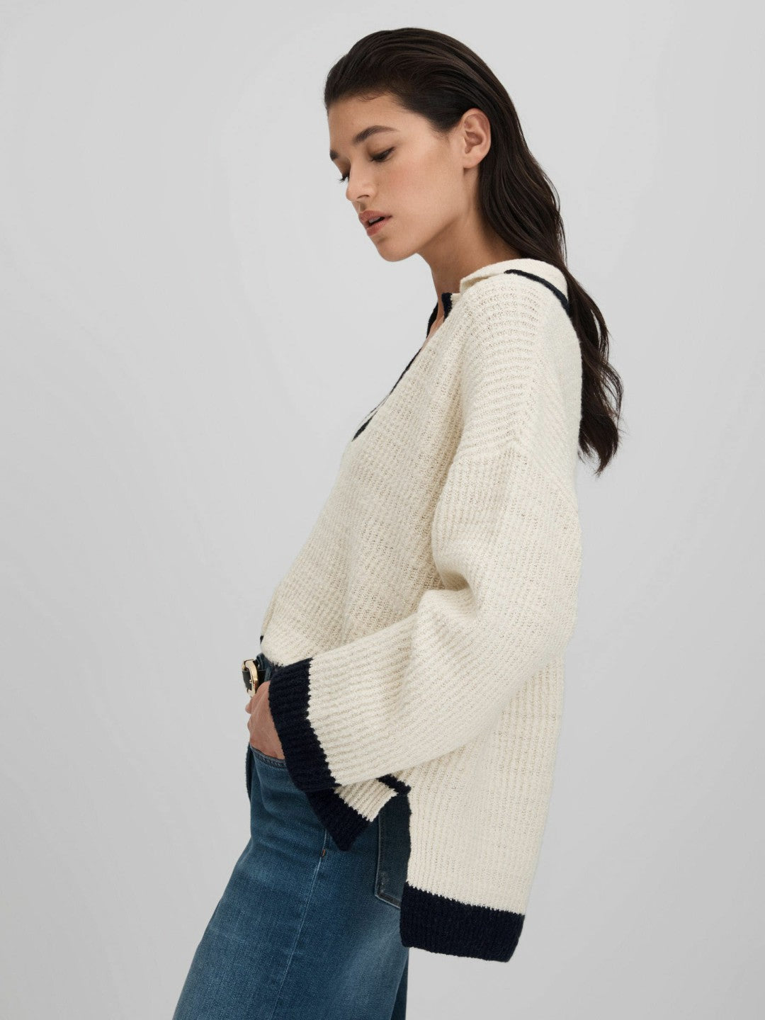 Wool Blend Open Collar Jumper in Cream/Navy | Reiss Women Best Seller