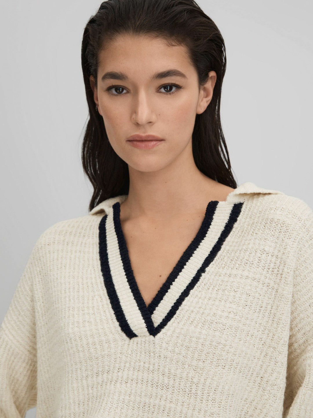 Wool Blend Open Collar Jumper in Cream/Navy | Reiss Women Best Seller