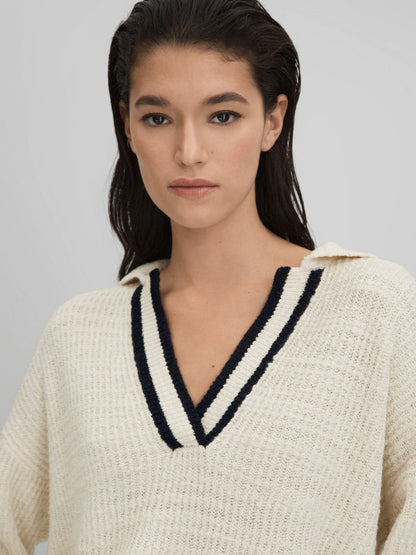 Wool Blend Open Collar Jumper in Cream/Navy | Reiss Women Best Seller