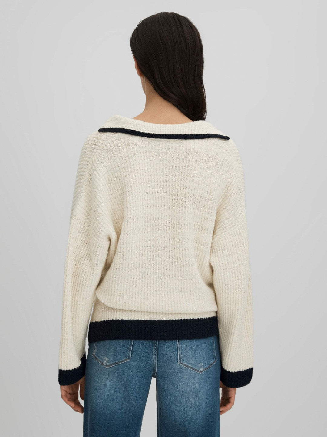 Wool Blend Open Collar Jumper in Cream/Navy | Reiss Women Best Seller
