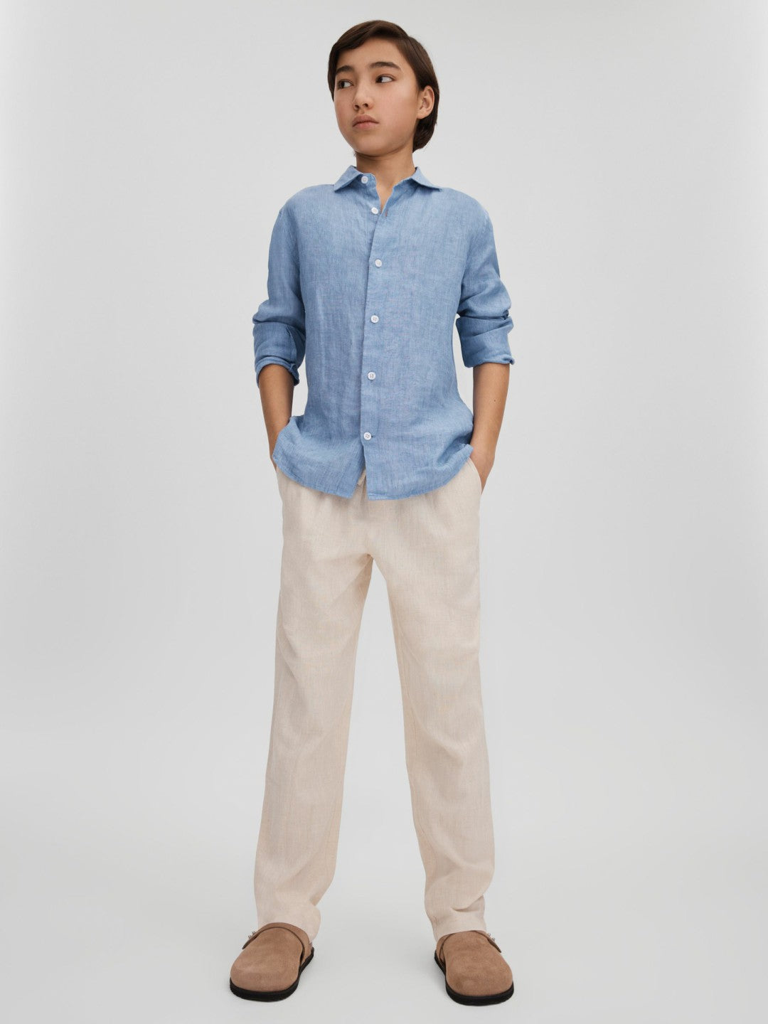 3-9 yrs Striped Linen Cutaway Collar Shirt in Sky Blue | Reiss Children & Baby Recommended