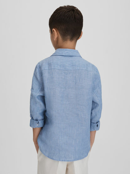 3-9 yrs Striped Linen Cutaway Collar Shirt in Sky Blue | Reiss Children & Baby Recommended