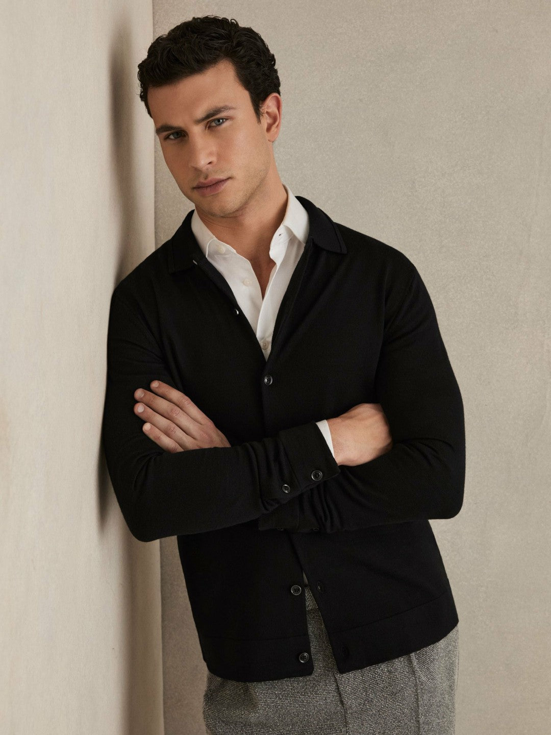 Merino Wool Button-Through Cardigan in Black | Reiss Men Popular