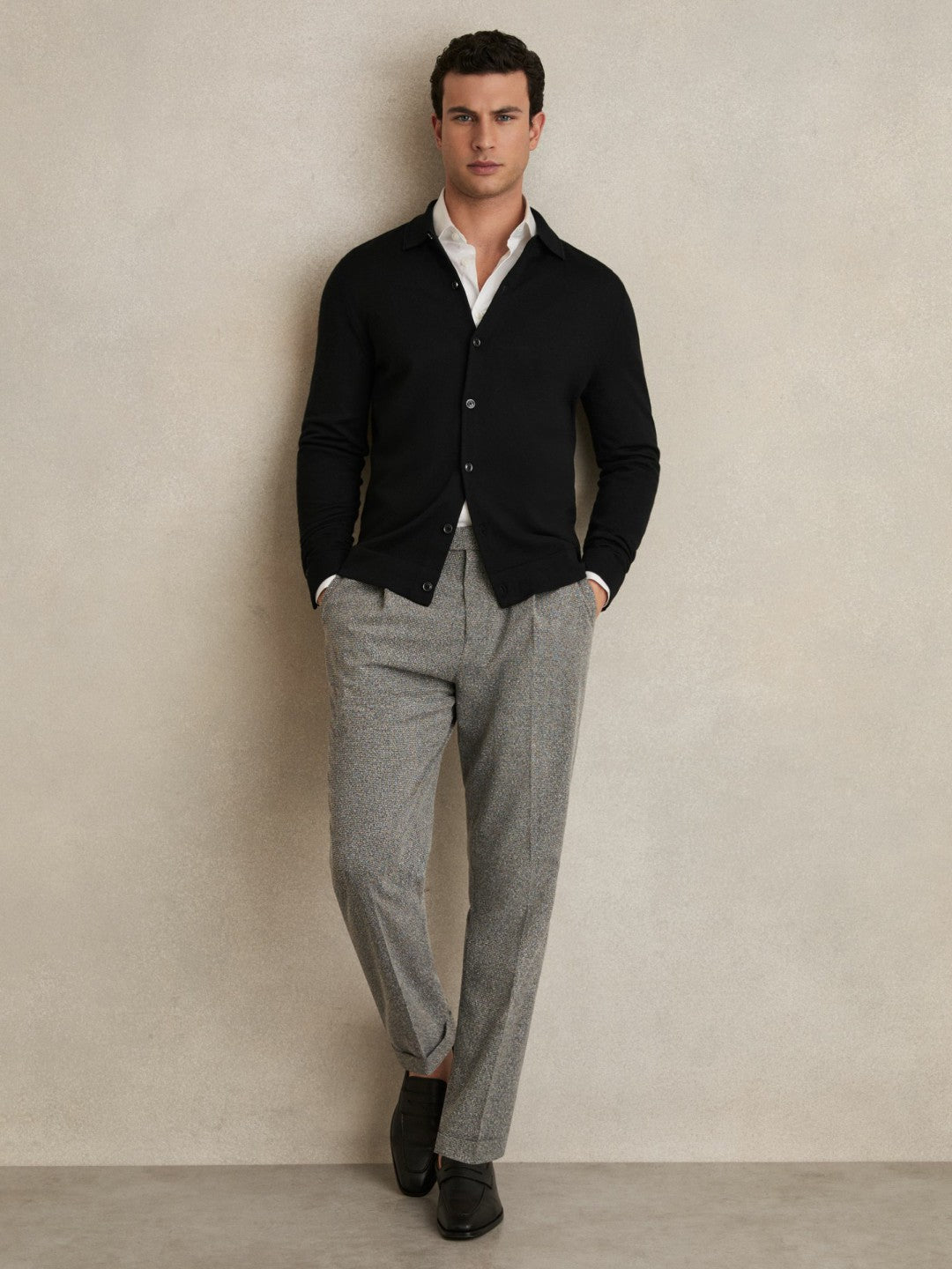 Merino Wool Button-Through Cardigan in Black | Reiss Men Popular