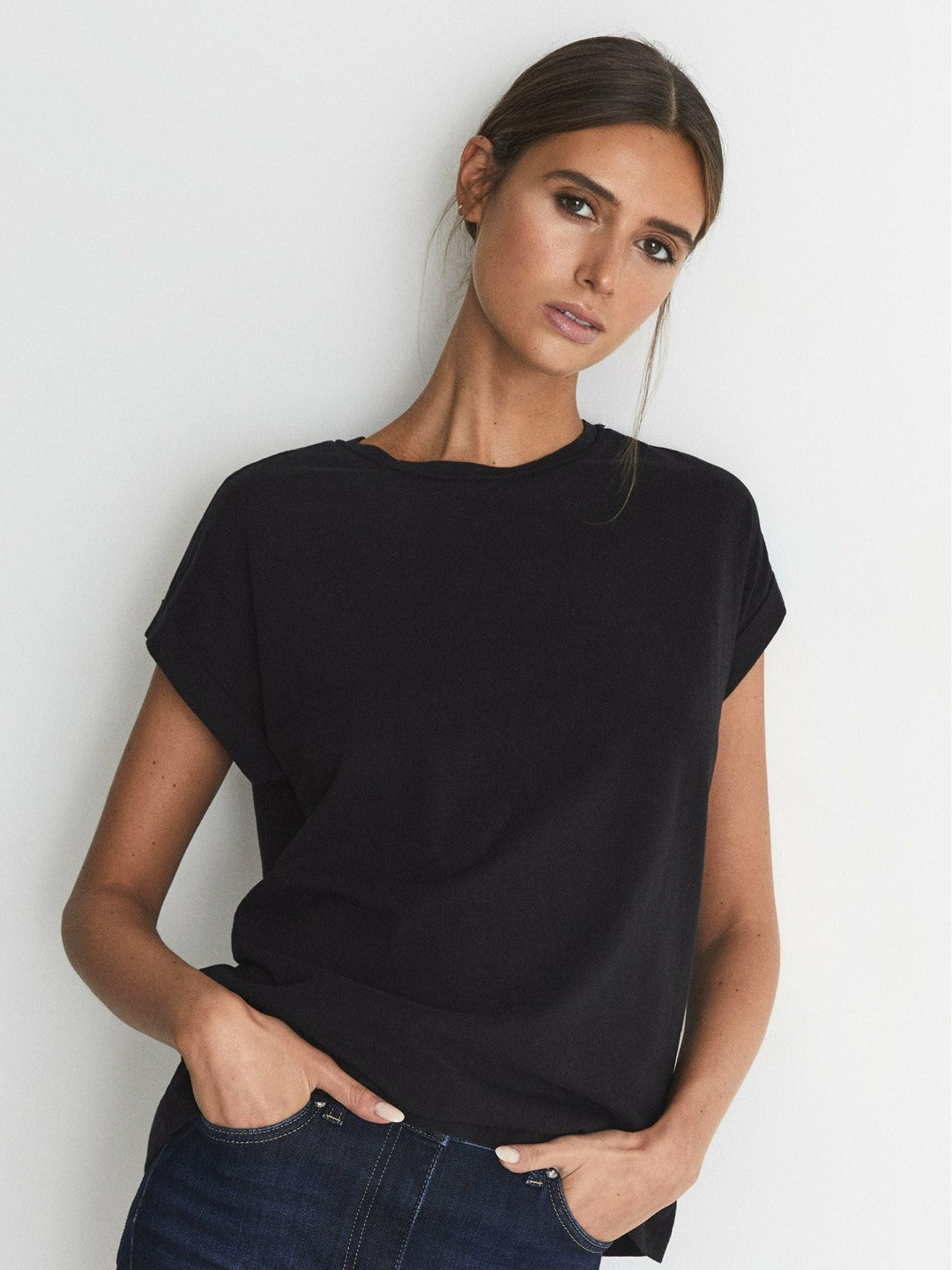 Cotton-jersey T-shirt in Black | Reiss Women Popular