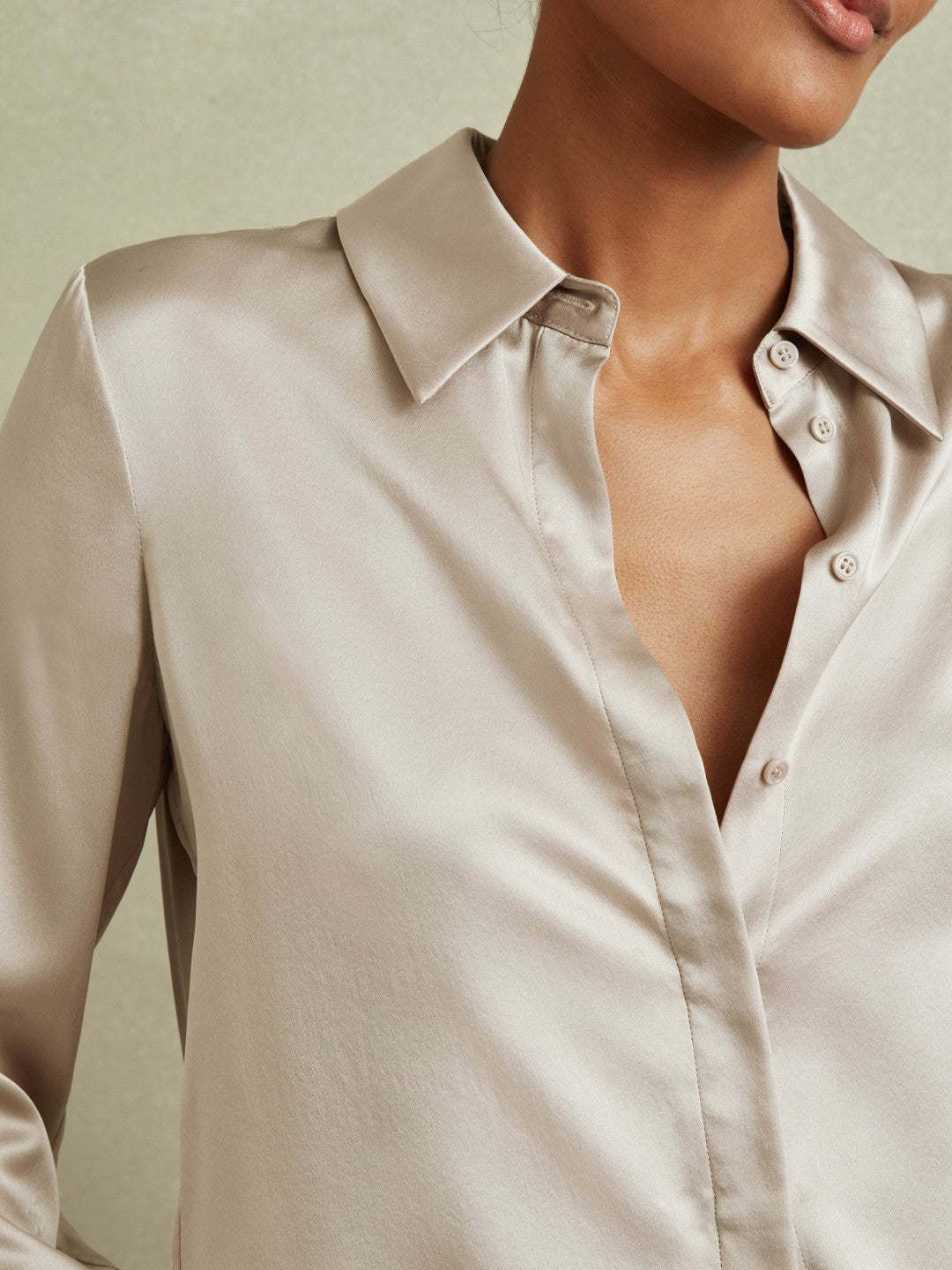 Silk Double-Cuff Button-Through Shirt in Champagne | Reiss Women Exclusive
