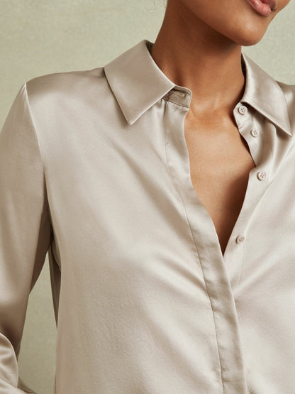 Silk Double-Cuff Button-Through Shirt in Champagne | Reiss Women Exclusive