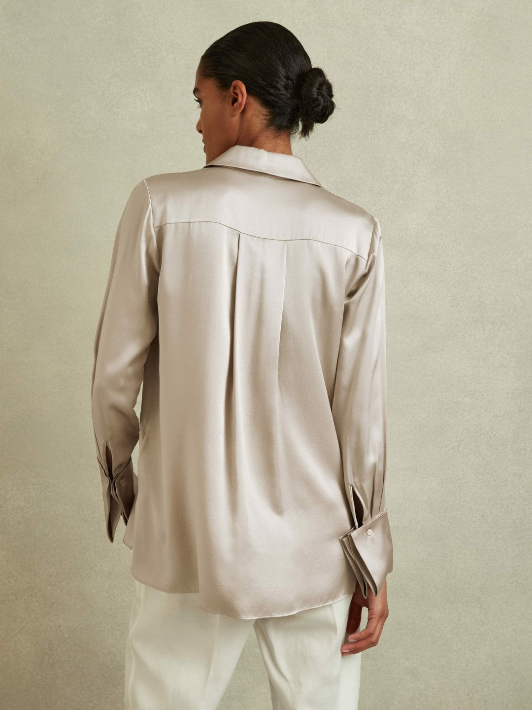 Silk Double-Cuff Button-Through Shirt in Champagne | Reiss Women Exclusive