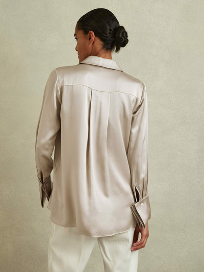 Silk Double-Cuff Button-Through Shirt in Champagne | Reiss Women Exclusive
