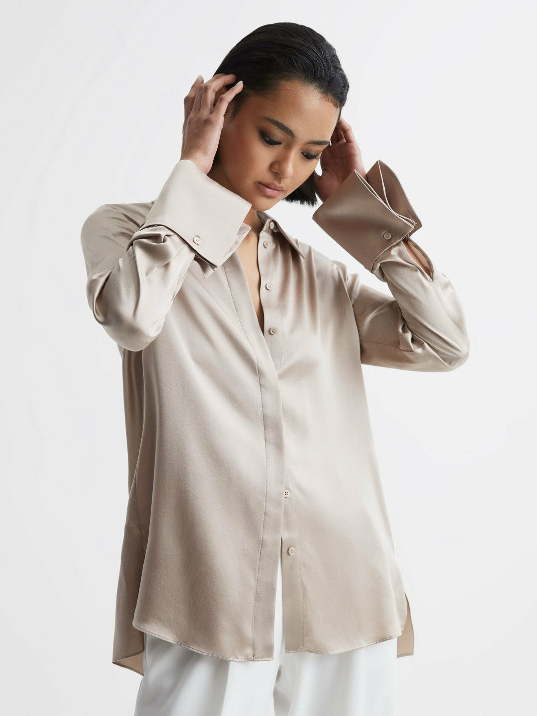 Silk Double-Cuff Button-Through Shirt in Champagne | Reiss Women Exclusive