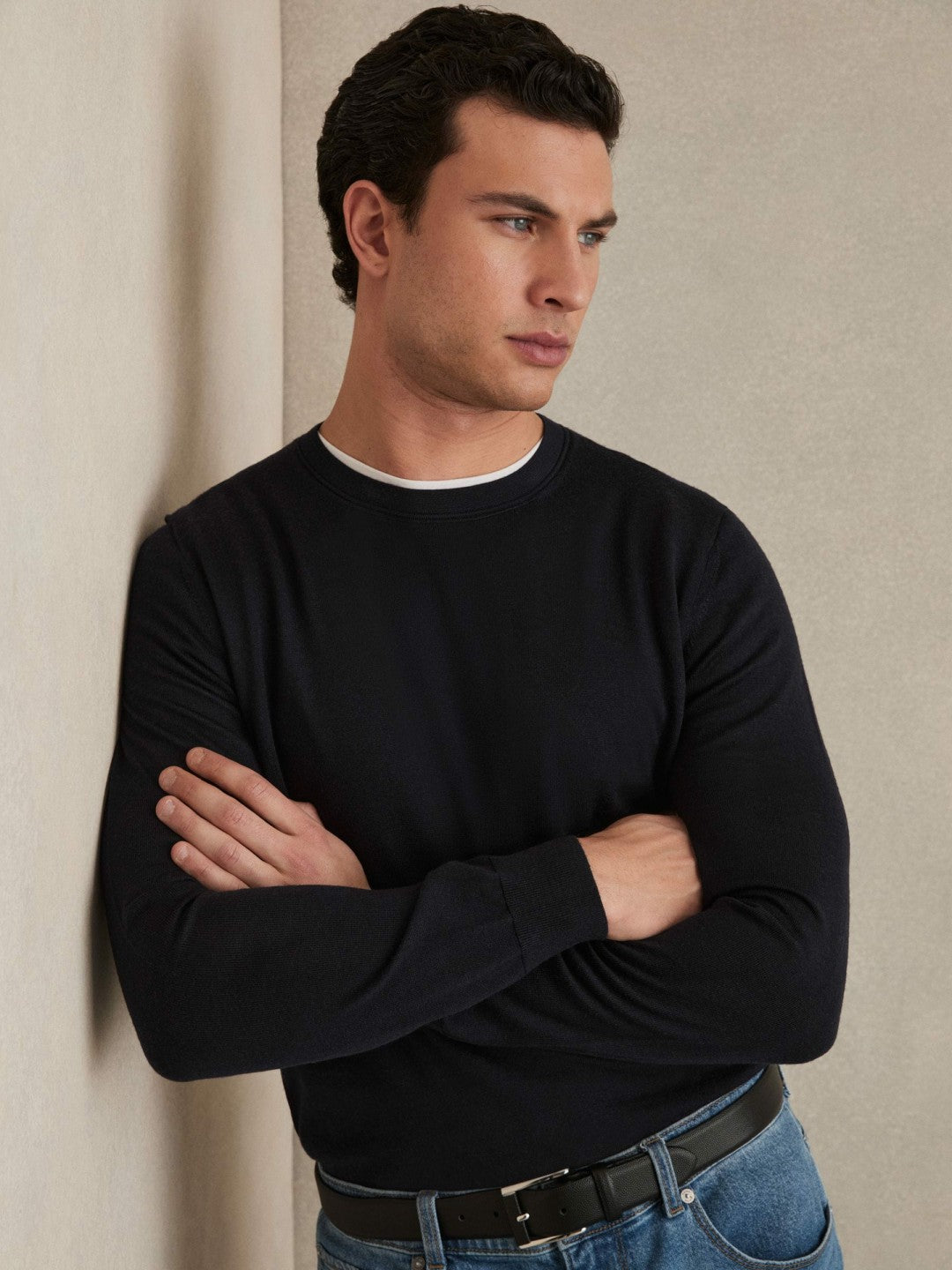 Merino Wool Crew Neck Jumper in Navy | Reiss Men Featured