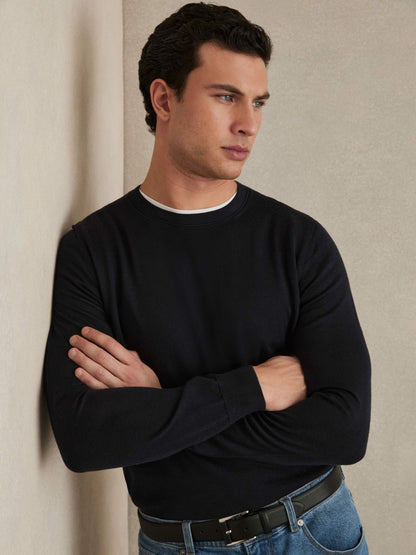 Merino Wool Crew Neck Jumper in Navy | Reiss Men Featured