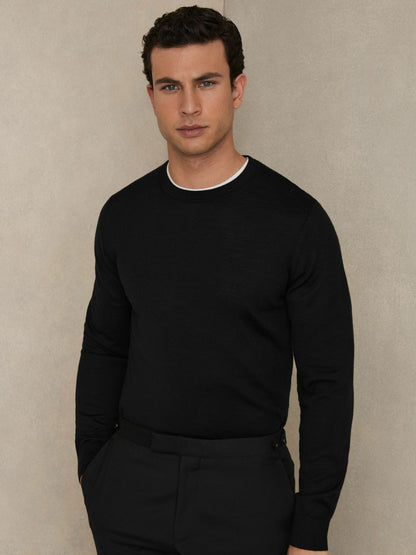Merino Wool Crew Neck Jumper in Black | Reiss Men Premium