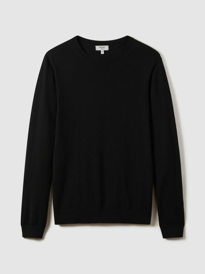 Merino Wool Crew Neck Jumper in Black | Reiss Men Premium