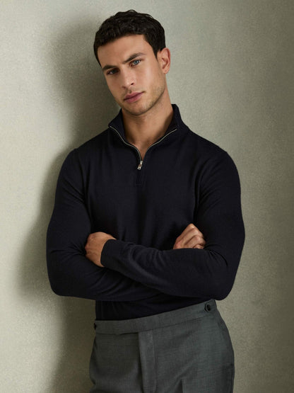 Merino Wool Half-Zip Jumper in Navy | Reiss Men Premium
