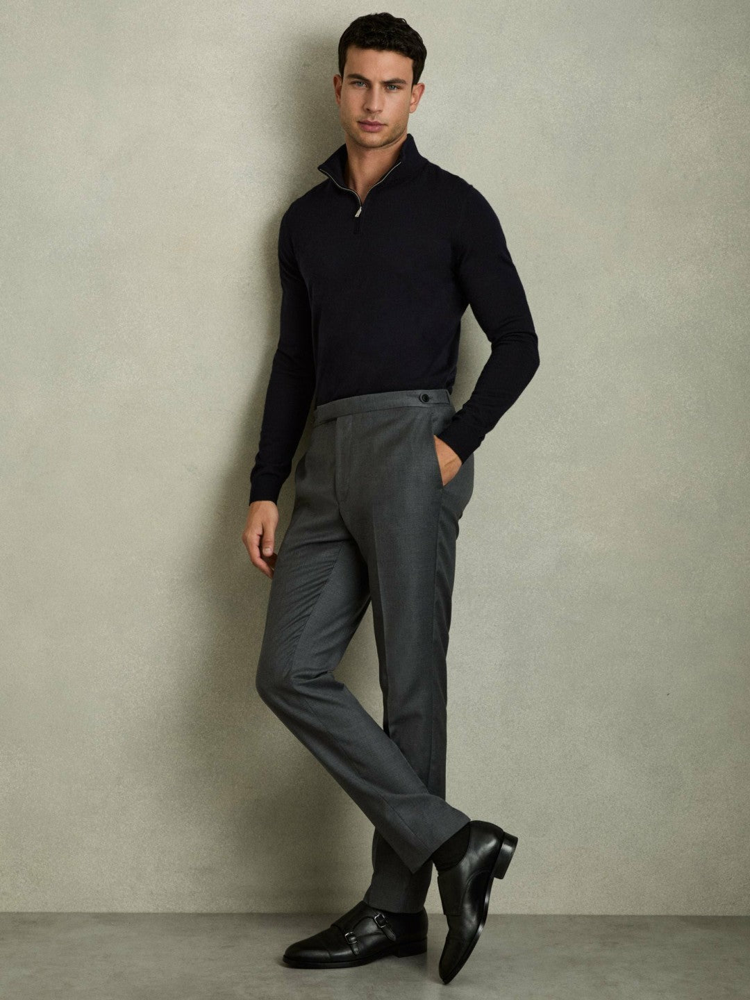 Merino Wool Half-Zip Jumper in Navy | Reiss Men Premium