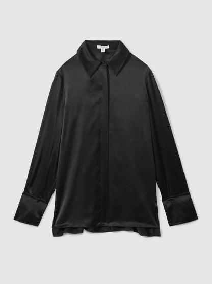 Silk Double-Cuff Button-Through Shirt in Black | Reiss Women Popular
