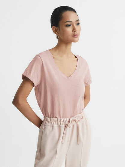 Cotton-Jersey V-Neck T-Shirt in Light Pink | Reiss Women Recommended