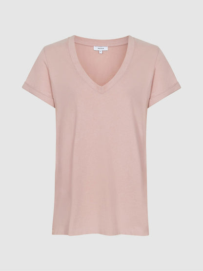Cotton-Jersey V-Neck T-Shirt in Light Pink | Reiss Women Recommended