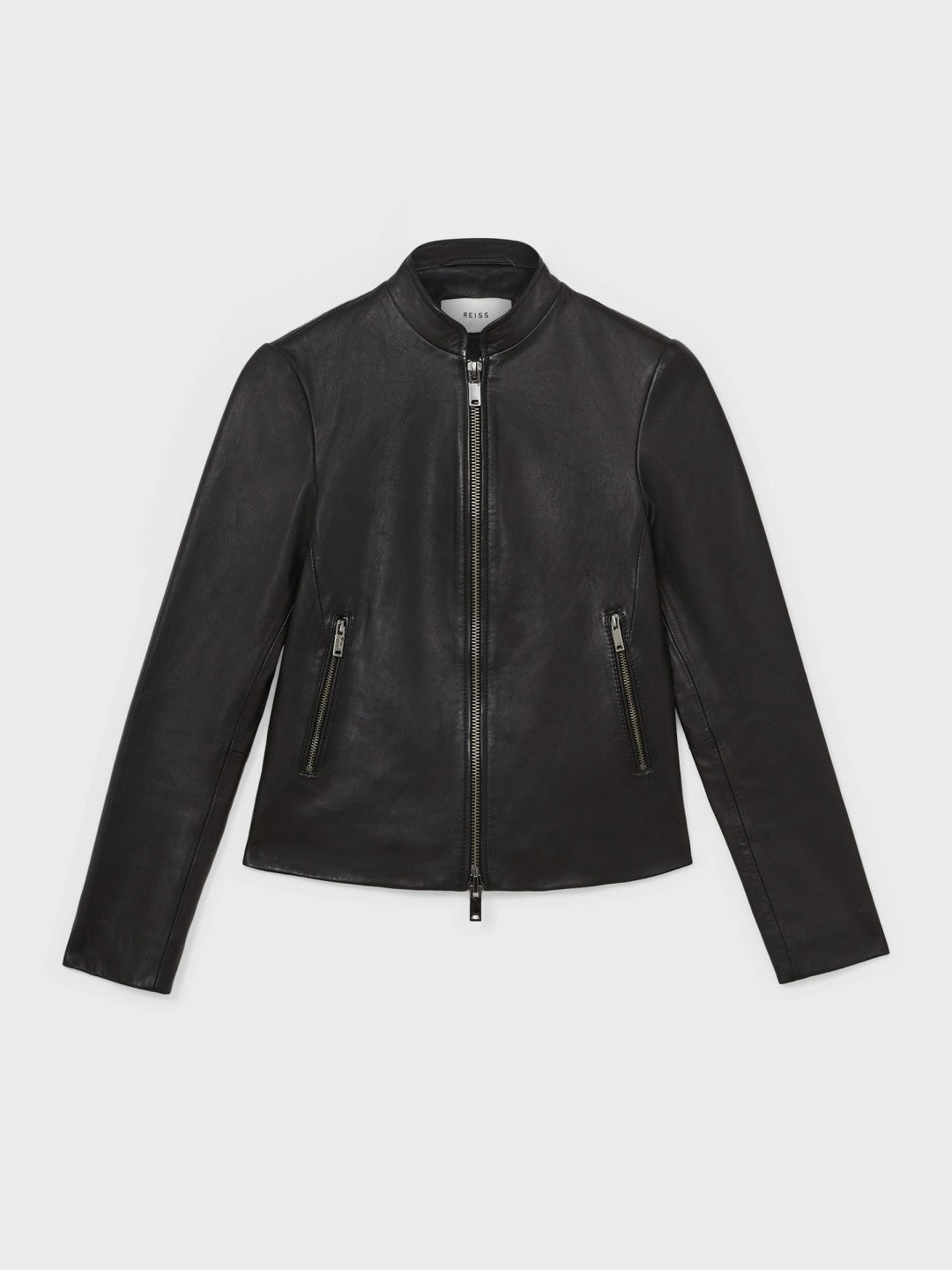 Leather Collarless Biker Jacket in Black | Reiss Women Best Seller