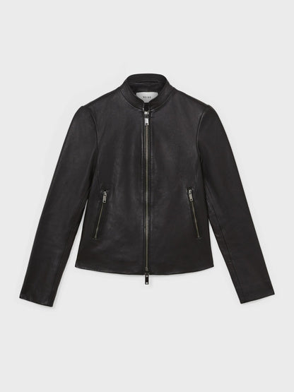 Leather Collarless Biker Jacket in Black | Reiss Women Best Seller