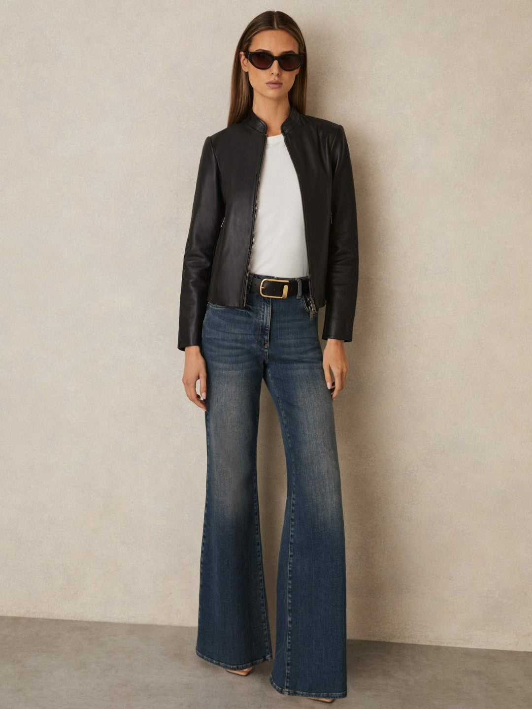 Leather Collarless Biker Jacket in Black | Reiss Women Best Seller